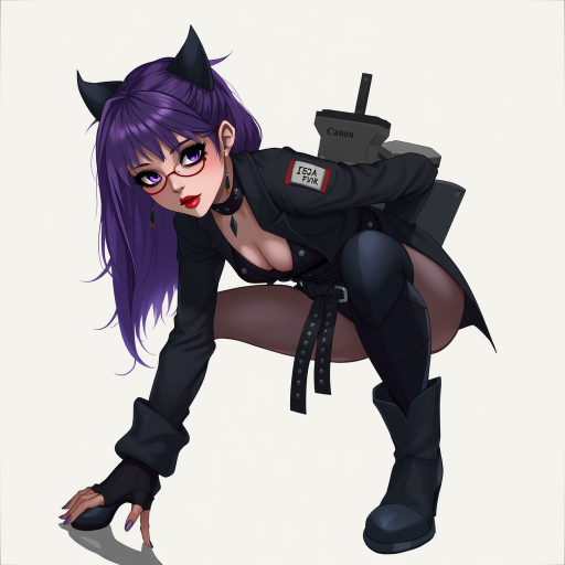 Create a highly detailed digital illustration of a gothic character with purple hair and dark makeup, wearing a stylish outfit with a belt, posed in a dynamic, crouching position; use a DSLR camera with a 50mm lens, aperture set to f/1.8, ISO 100, and a soft focus background to enhance subject clarity.