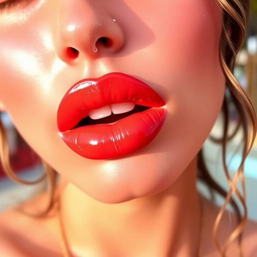 Vibrant "Coral Sunset" lip color adorns full, pouty lips with a glossy finish, reflecting warm hues of orange and pink, perfect for summer evenings and beachside cocktails