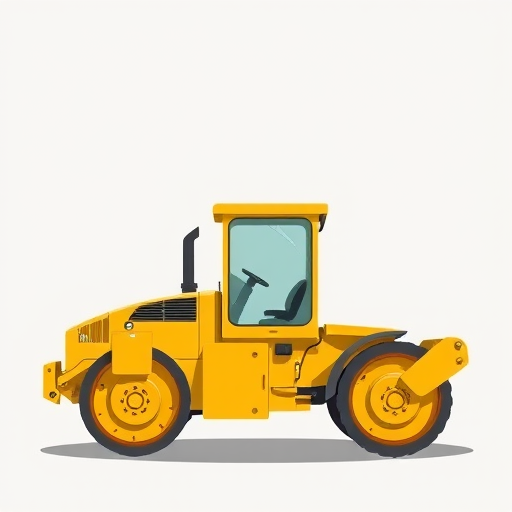 Create a detailed digital illustration of a vintage yellow steamroller with a flat profile view, high resolution, camera settings at ISO 100, aperture f/8, 1/125s shutter speed, shot with a DSLR, using a clean and minimalistic style with soft shadows and a light grey background for contrast.