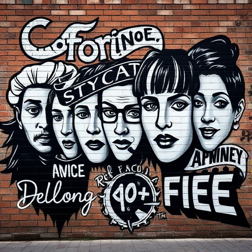 black and white mural of faces and text on a brick wall, high resolution, ISO 200, aperture f/5.6, shutter speed 1/125s, shot from a low angle with a wide lens on a DSLR camera