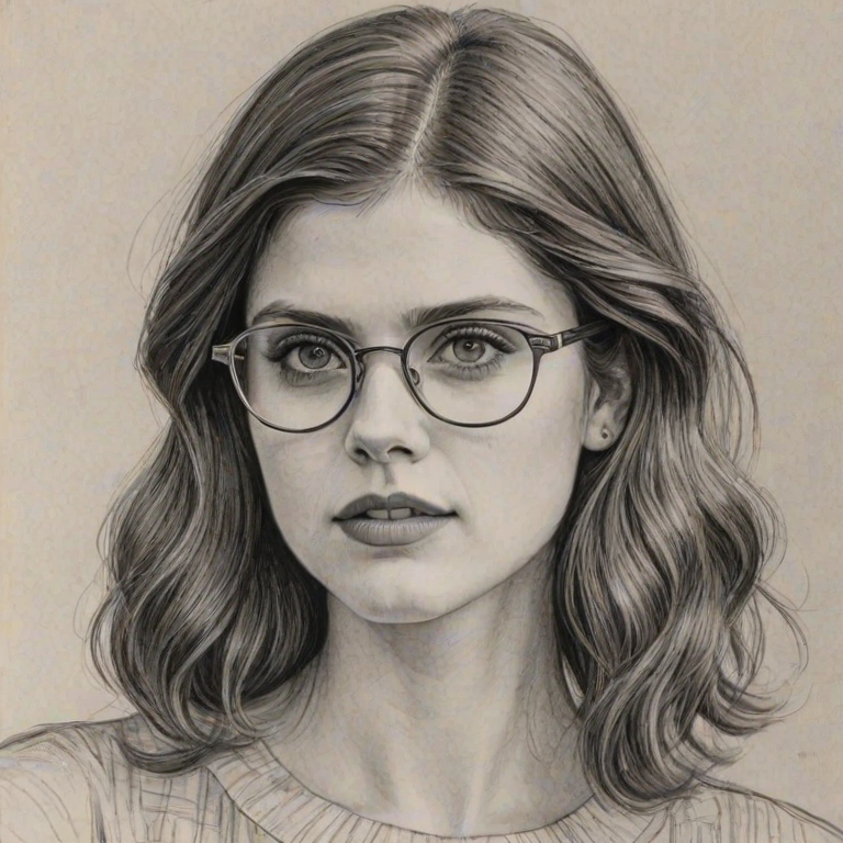 Wonderful Alexandra Daddario, pencil sketch, portrait of Splendid woman 1925s in glasses, hair style beatnik, outline, clear lines, fine lines, 8k