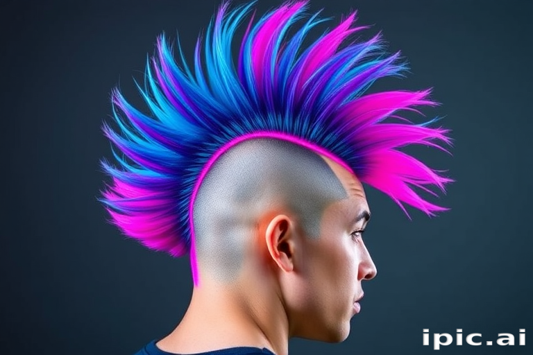 Striking Neon Unicorn Mohawk with electric blue base color fading into vivid purple and hot pink streaks, styled into a dramatic upswept crest for a fierce and eye-catching look