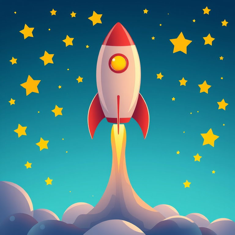 Create an image of a cartoon rocket launching into space against a gradient blue background filled with yellow stars, using a digital illustration style with a high resolution of 300 DPI, a focal length of 50mm, and soft lighting effects to enhance details.