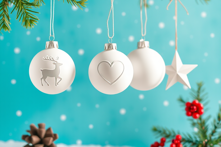 Create a festive Christmas scene featuring three white ornaments with different designs (a deer, hearts, and stars) hanging against a soft turquoise background, with snowflakes scattered throughout the scene, using a DSLR camera with a 50mm lens at f/2.8, ISO 100, 1/125 shutter speed, shot in natural light for enhanced clarity and vibrant colors.