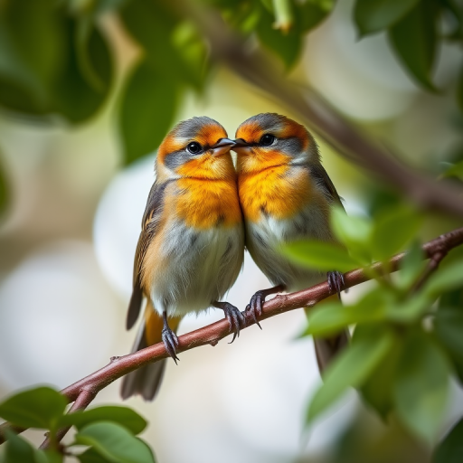 two adorable birds perched closely on a branch surrounded by green leaves, soft focus background, captured with a Nikon D850, 85mm lens, f/1.8 aperture, ISO 200, natural lighting, shallow depth of field