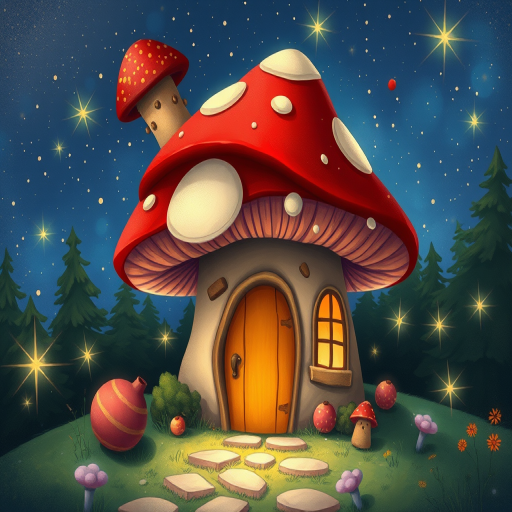 create illustration of a mushroom house with a door and a window, a storybook , fantasy art, mushroom house, bg starry sky, sparkles
