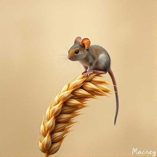 Soft, muted Alcohol Ink with ebru effect background image of tiny whimsical mousey, who climbed high on the top of a golden rye ear.