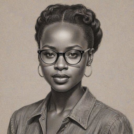 Comely Lupita Nyong'o, pencil sketch, portrait of Beauteous woman 1946s in glasses, hair style beatnik, outline, clear lines, fine lines, 8k