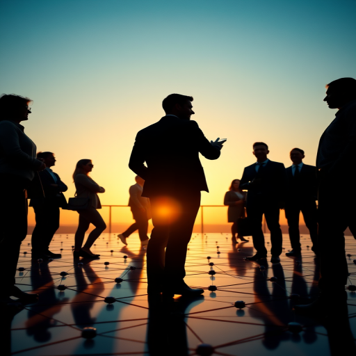Generate a high-quality silhouette image of diverse business people interacting on a network grid, captured with a Canon EOS R5, using a 50mm lens, f/1.8 aperture, ISO 100, during the golden hour, with a clear blue sky in the background, and soft shadows for depth.