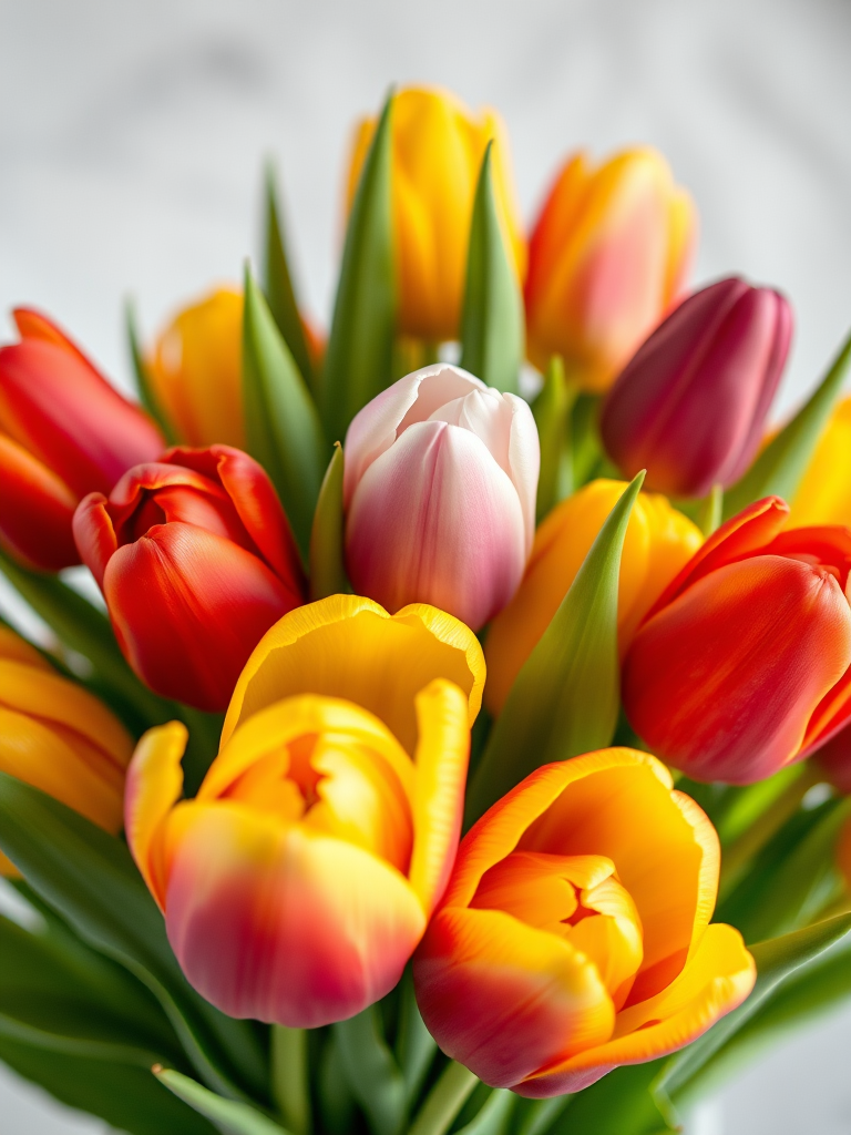 A vibrant bouquet of tulips in various colors with a soft-focus background, captured using a DSLR camera, 50mm lens, aperture f/2.8, ISO 100, natural light, macro perspective, high dynamic range.