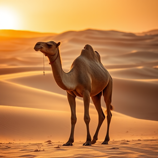 a majestic camel standing in a vast desert with rolling sand dunes during golden hour, sharp focus, 50mm lens, aperture f/2.8, ISO 100, low angle view, high dynamic range, DSLR camera, vibrant colors and detailed textures