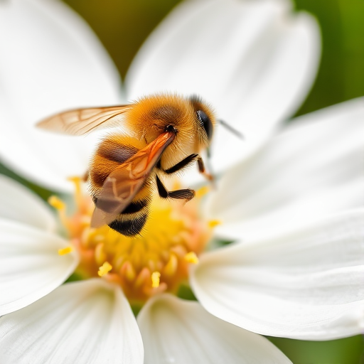 A close-up of a bee on a white flower, focusing on the details of the flower's petals and the bee's markings.