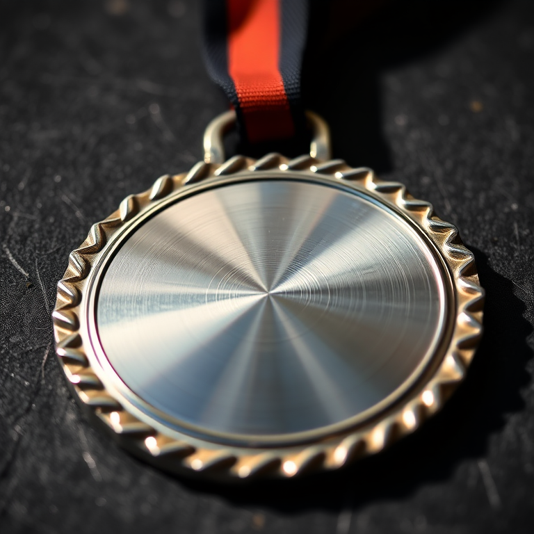 Create a high-resolution image of a shiny silver medal with a serrated edge, using a DSLR camera with a 50mm lens, f/2.8 aperture, ISO 100, natural lighting, and a slight angle view to enhance reflections and depth.