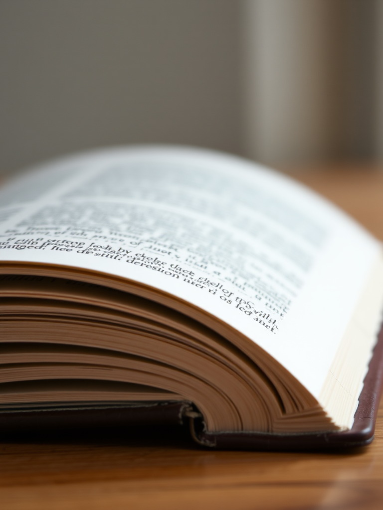 A close-up shot of an open book on a wooden table with a shallow depth of field, f/2.8 aperture, 50mm lens, and ISO 100, natural light, soft focus background.