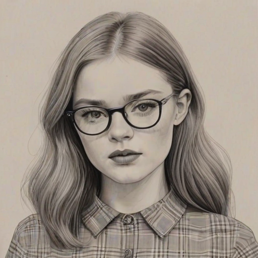 Stunning Sadie Sink, pencil sketch, portrait of Alluring woman 1967s in glasses, hair style beatnik, outline, clear lines, fine lines, 8k