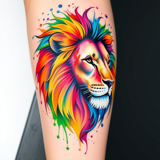Watercolor splash tattoo depicting a majestic lion with a flowing mane of vibrant rainbow hues, seamlessly blending realism and abstract expressionism for a stunning artistic piece
