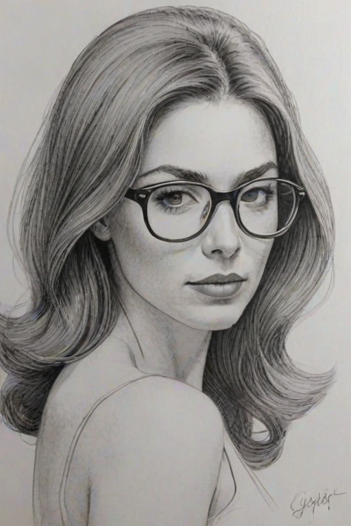 Superb Gina Linetti, pencil sketch, portrait of Stunning woman 1961s in glasses, hair style beatnik, outline, clear lines, fine lines, 8k