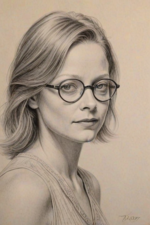 Magnificent Jodie Foster, pencil sketch, portrait of Beauteous woman 1926s in glasses, hair style beatnik, outline, clear lines, fine lines, 8k