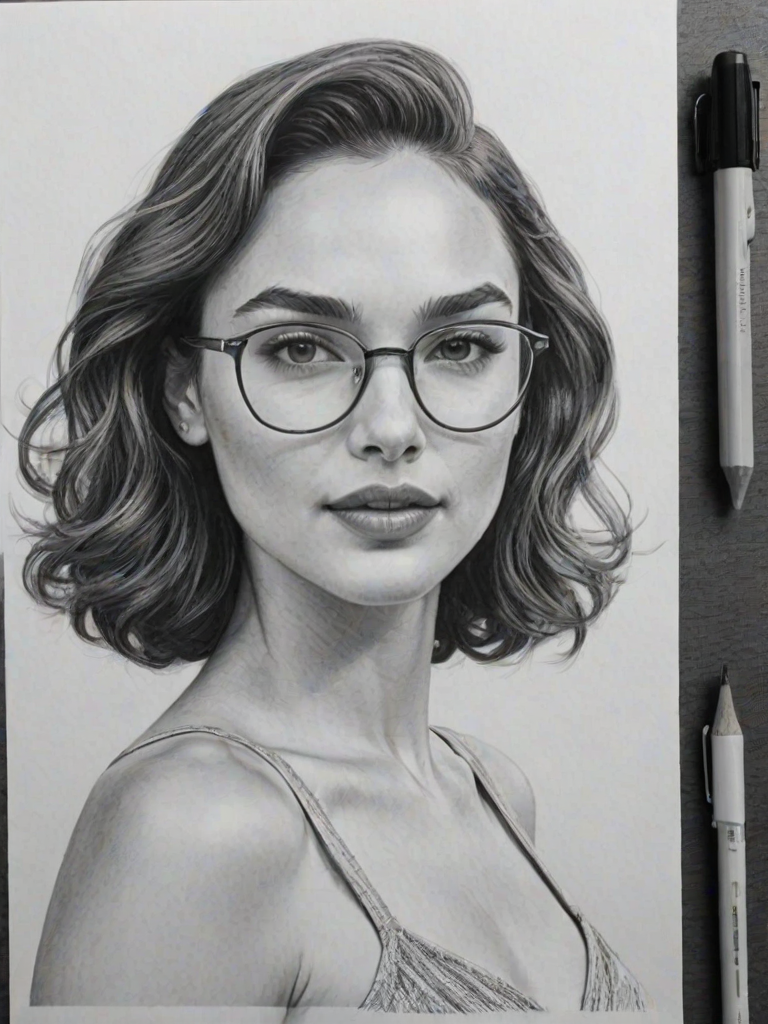 Dazzling Gal Gadot, pencil sketch, portrait of Enticing woman 1963s in glasses, hair style beatnik, outline, clear lines, fine lines, 8k