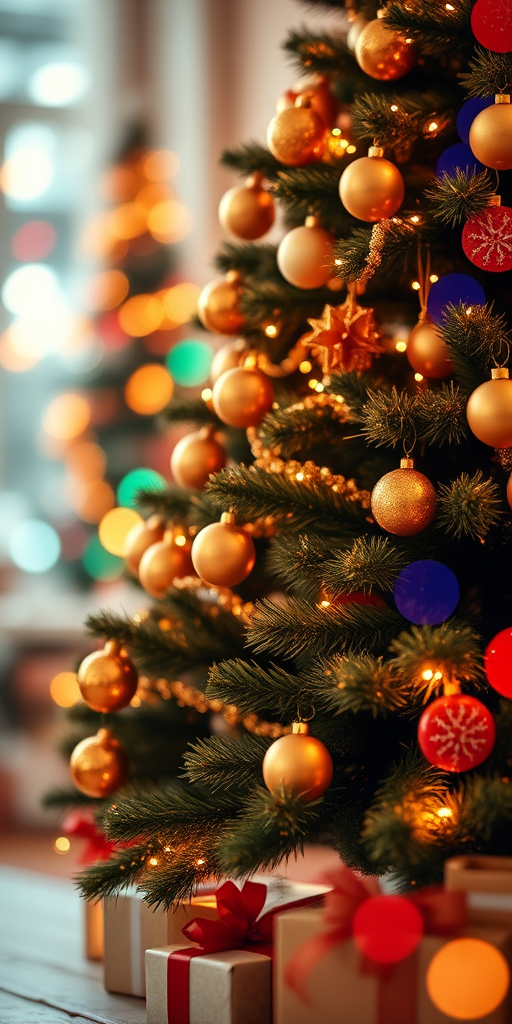 Create a festive scene featuring a beautifully decorated Christmas tree adorned with golden ornaments and twinkling lights. Include a soft, blurred background with colorful bokeh effects, evoking a warm and cheerful holiday atmosphere.