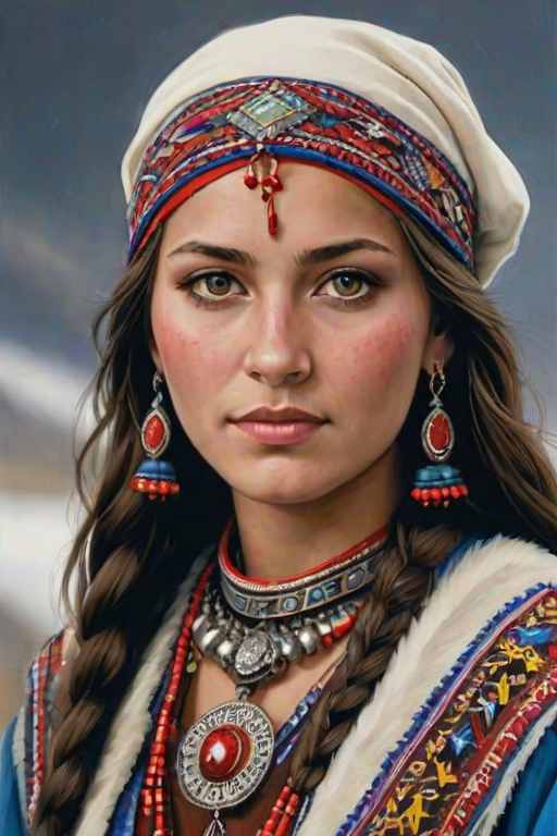 Create a portrait of a beautiful Sami woman with striking red eyes and a gentle expression. She is adorned in traditional attire with intricate patterns, including a richly embroidered headscarf and matching garments. Her jewelry includes a delicate headpiece, dangling earrings, and ornate bracelets, all featuring vibrant gemstones and detailed metalwork. The background is soft and warm, enhancing the rich colors of her outfit and jewelry.