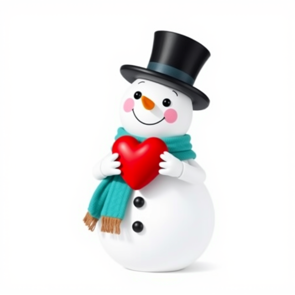 Create a cartoon snowman holding a heart, with a black top hat and a teal scarf, set against a plain white background, using a DSLR camera with a 50mm lens, f/2.8 aperture, ISO 100, and natural lighting to enhance color vibrancy and sharpness.
