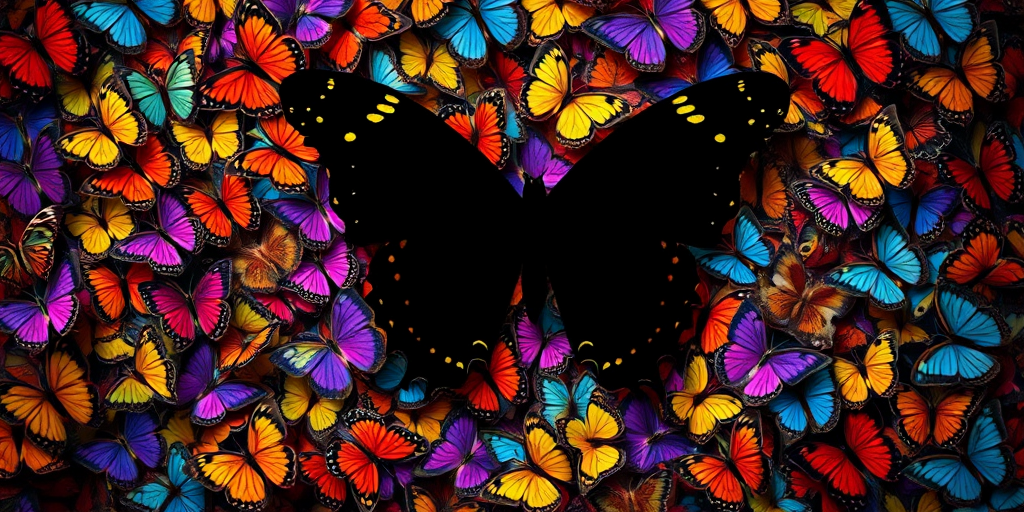 Generate an image of a large butterfly silhouette surrounded by vibrant, multicolored butterflies in a dense pattern, shot with a DSLR camera at f/2.8 aperture, ISO 200, 50mm lens, in a top-down view with a shallow depth of field for enhanced clarity.