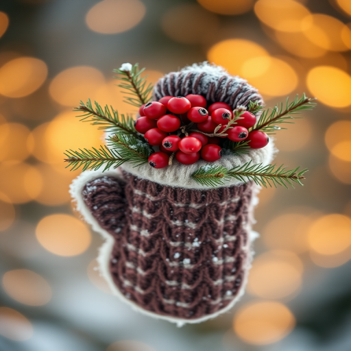 a cozy winter mitten filled with bright red berries and evergreen branches on a soft golden bokeh background, captured with a Canon EOS R5, 50mm lens, f/1.8 aperture, ISO 100, natural soft lighting