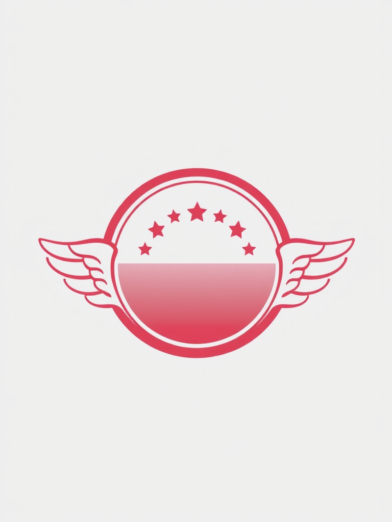Create a high-resolution image of a circular badge with two wing designs on each side, five stars centered below the top arch, featuring a smooth gradient from light pink to darker shades, using a DSLR camera at f/2.8, ISO 100, with a 50mm lens and a shallow depth of field, shot from a straight-on angle with natural light to enhance clarity and detail.