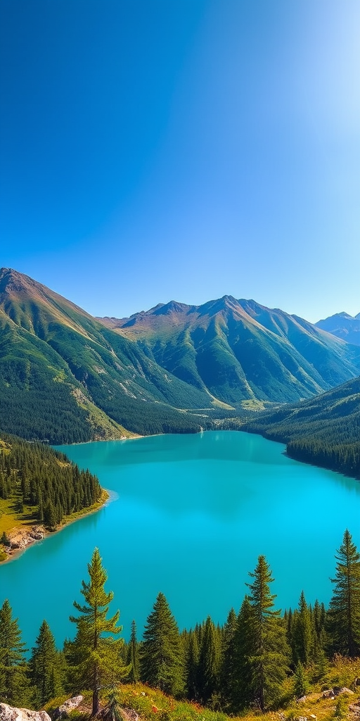 Generate a vibrant landscape image featuring a serene lake surrounded by lush green mountains under a clear blue sky, captured with a Canon EOS R5 at f/8, ISO 100, with a 24mm lens and a wide-angle view to enhance depth and clarity.
