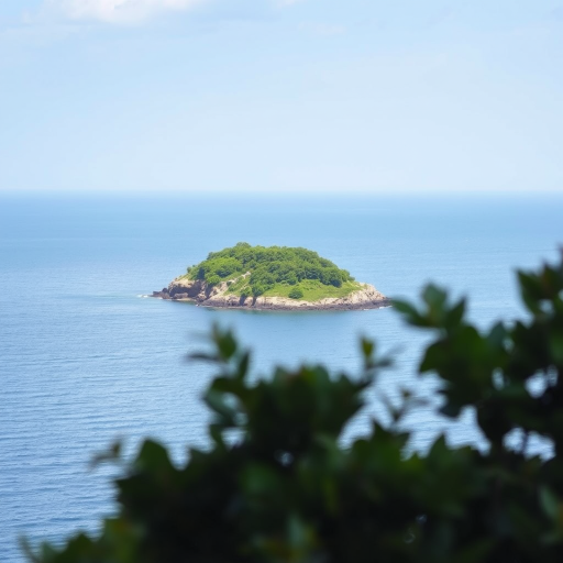Capture a serene coastal view of a small, lush green island in a calm sea with soft, diffused sunlight, using a DSLR camera with a 24mm lens, aperture set to f/11, ISO 100, and a shutter speed of 1/250s, shot from a slightly elevated angle to include nearby foliage in the foreground.