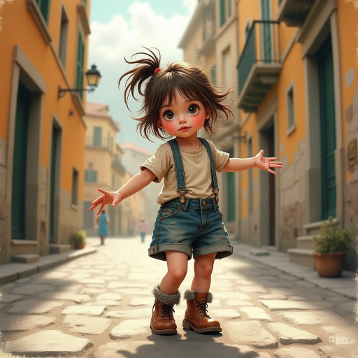 Whimsical little 3-year-old girl wearing scruffy tomboy clothes, boots, messy hair heavily blushed cheeks, pink lips, closely dancing in the street of an Italian village,Textured painterly fantasy artistic mixed media