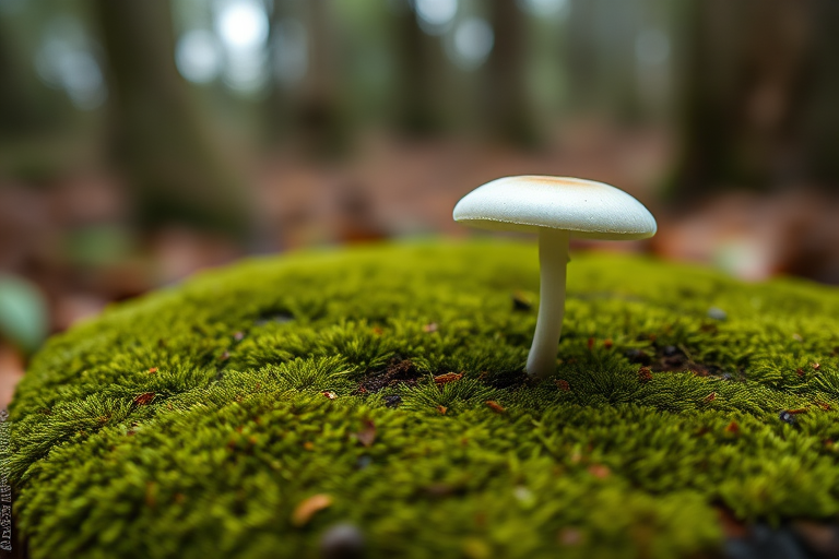 Capture a close-up image of a white mushroom growing on a moss-covered tree stump in a forest setting, using a DSLR camera with a 50mm lens, aperture set to f/2.8 for shallow depth of field, ISO 100 for maximum clarity, and natural lighting to enhance textures and colors.
