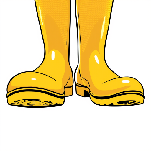Create a vibrant illustration of a pair of yellow rain boots with a textured pattern, captured in a close-up view using a DSLR camera with a 50mm lens, aperture set to f/2.8, ISO 100, and a slight vignette effect for depth.