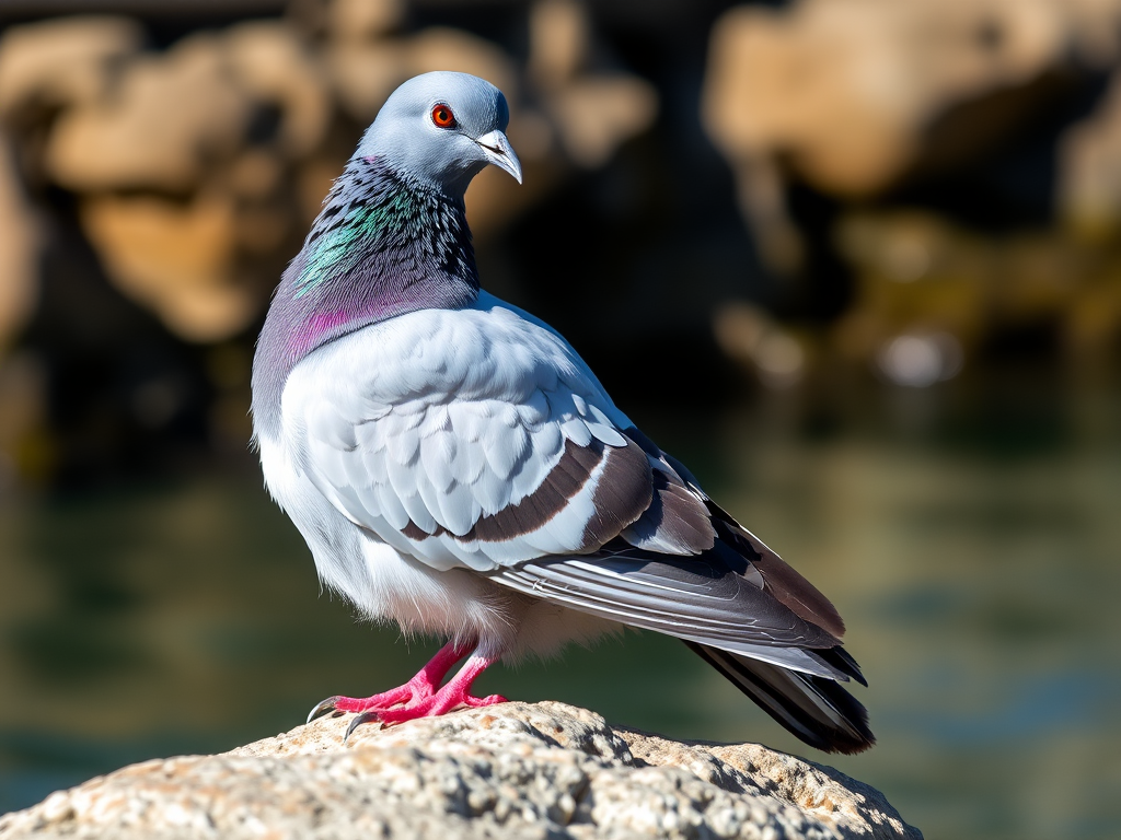 A detailed photograph of a pigeon perched on a rock by the water, captured with a DSLR camera at f/2.8 aperture, ISO 200, 1/1000 sec shutter speed, in natural light with a shallow depth of field, emphasizing the textures of the feathers and the rock background.