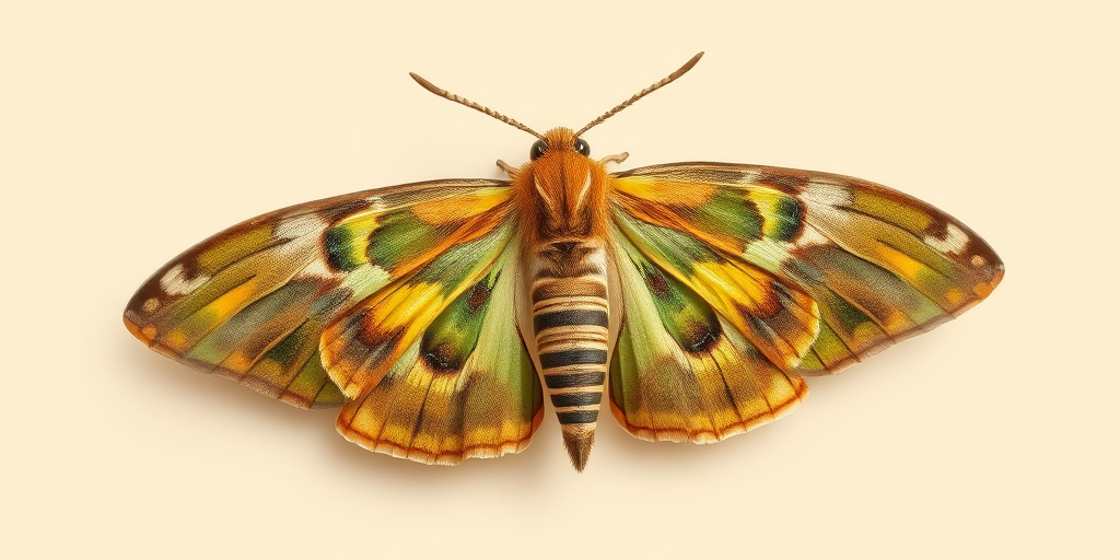 Capture a detailed illustration of a moth with green and brown patterns on a soft beige background, use a macro lens for close-up detail, aperture set to f/8 for depth of field, ISO 100 for minimal noise, and a soft diffused natural light for even illumination.