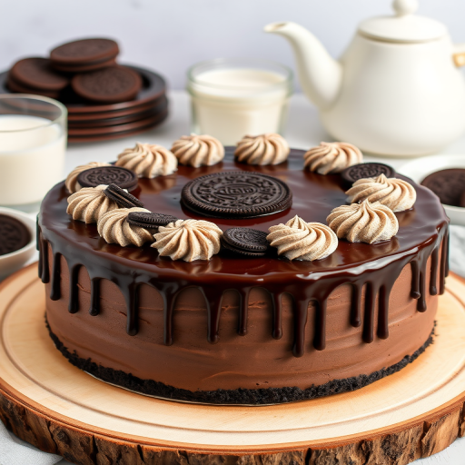 A round chocolate cake with an Oreo cookie topping and creamy swirls on the edge, drizzled with chocolate ganache, sitting on a wooden cake stand, accompanied by glasses of milk and a teapot in the background.