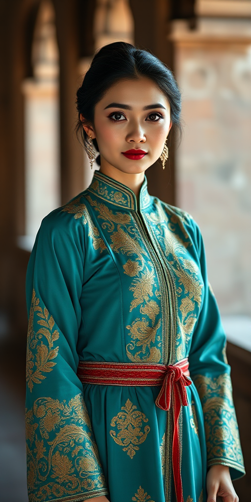 portrait of a woman in a traditional teal outfit with intricate golden embroidery, standing gracefully in a historical setting, soft natural lighting, f/2.8 aperture, 50mm lens, shallow depth of field, DSLR camera, high-resolution output
