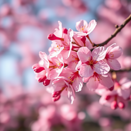 capture a close-up of cherry blossoms in soft focus with vibrant pink hues and a blurred background, using a Canon EOS 5D Mark IV, f/2.8, 50mm lens, ISO 200, in natural light with a shallow depth of field for enhanced colors and details