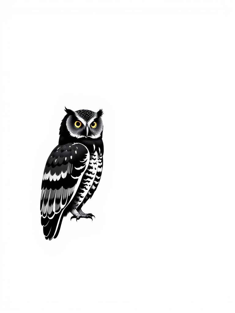 Generate a high-resolution image of a stylized black owl on a minimalistic white background, captured with a 50mm lens at f/1.8, ISO 100, using a DSLR camera in portrait orientation.