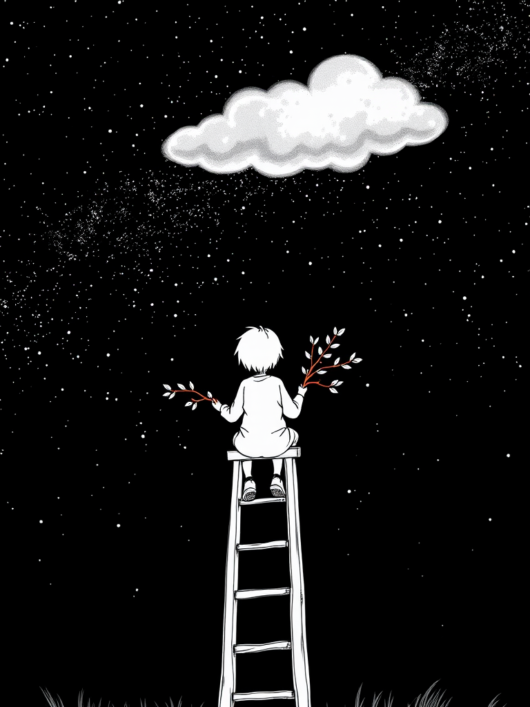 Create a high-contrast black and white illustration of a figure sitting on a wooden ladder against a starry night sky, holding branches with leaves, with a single cloud above, shot with a DSLR camera at f/2.8 aperture, ISO 100, 50mm lens, vertical composition, and natural lighting for enhanced detail and depth.
