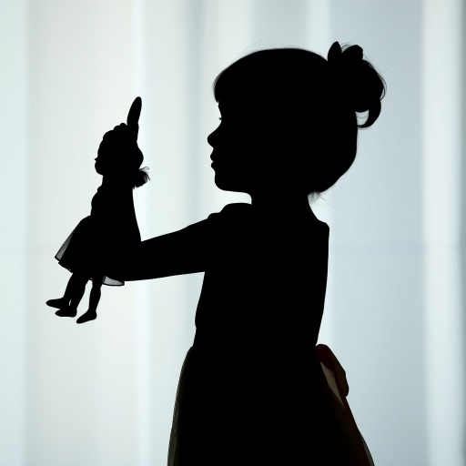 Create a high-resolution silhouette of a girl in a dress with one arm raised, holding a doll, captured with a DSLR camera at f/2.8 aperture, ISO 100, 50mm lens, natural light, side view.