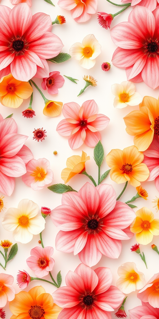 Create a vibrant floral pattern with soft watercolor flowers in shades of pink, orange, and yellow, ensuring a variety of sizes and shapes, captured with a Canon EOS 5D Mark IV, 85mm lens, f/2.8 aperture, ISO 100, natural lighting.