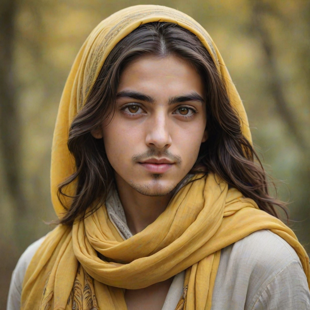 Create a portrait of a young Turkish male with long, dark hair and captivating hazel eyes. She is wearing a Yellow headscarf and a matching scarf draped gracefully around her neck. The background is softly blurred, focusing attention on her serene and natural expression. The overall color palette is muted and warm, enhancing the intimate and authentic feel of the portrait.