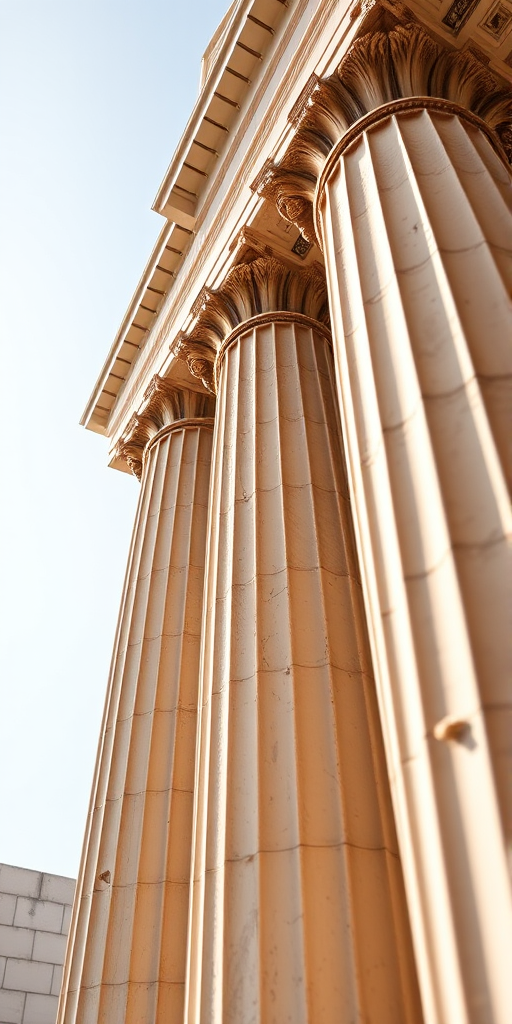 Generate an image of two classic Greek columns, one with a Corinthian capital and another with a fluted design, captured in natural light from a low angle using a DSLR camera with a 50mm lens, aperture set to f/2.8, ISO 100, and a shallow depth of field for a soft background blur.