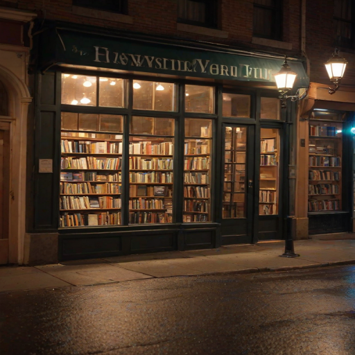 Warmly lit image of a small bookstore at night, soft light from the windows illuminating shelves of books, with a cozy reading nook visible in the background and soft reflections of streetlights on the wet sidewalk.