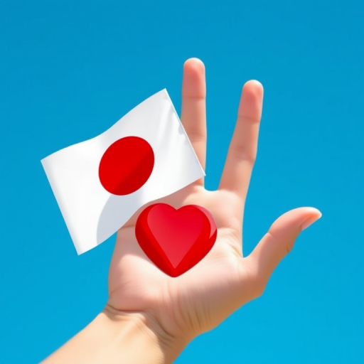 Create an illustration of a hand holding a Japanese flag with a clear blue background, using a Canon EOS R5 camera, 50mm lens, f/2.8 aperture, and ISO 100 for enhanced image quality.