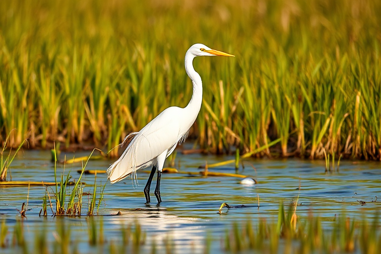 Great Egret standing in shallow water surrounded by tall grass, natural lighting, taken with a Canon EOS 5D Mark IV, 200mm lens, aperture f/4.0, shutter speed 1/500 sec, ISO 100, shallow depth of field, vibrant colors.