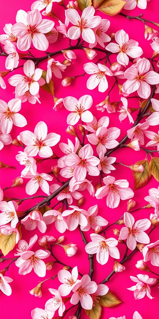Create a seamless pattern of cherry blossom flowers in various shades of pink and white set against a vibrant pink background, using a Canon EOS 5D Mark IV with a 50mm lens, aperture set to f/8, shutter speed 1/200s, ISO 100, and a top-down view to enhance the clarity and color vibrancy.