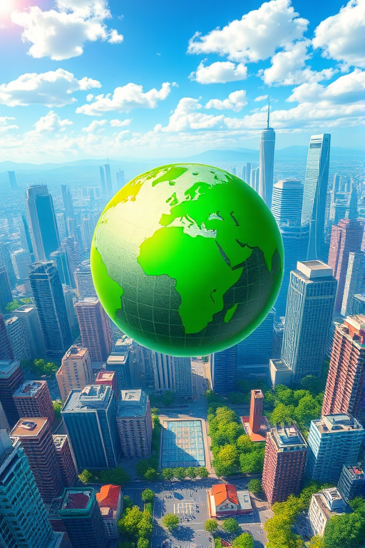 Create a vibrant and detailed cityscape illustration integrated with a green globe at the center, emphasizing sustainability and modern architecture, using a wide-angle lens, f/8 aperture, 1/125 shutter speed, and vibrant color grading for a clean, professional look.